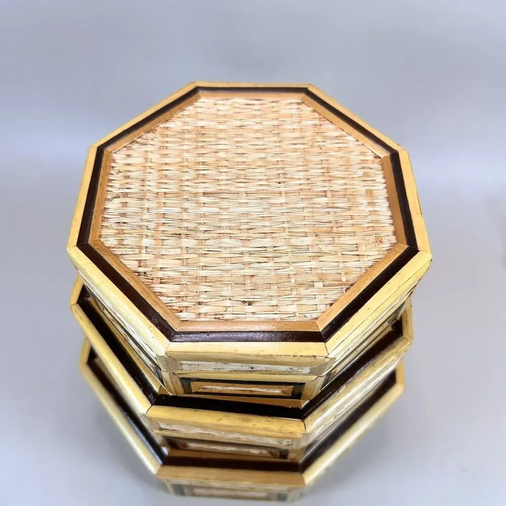 Vintage Bamboo Wicker Hexagon 3 Nesting Jewelry Trinket Boxes- EUC